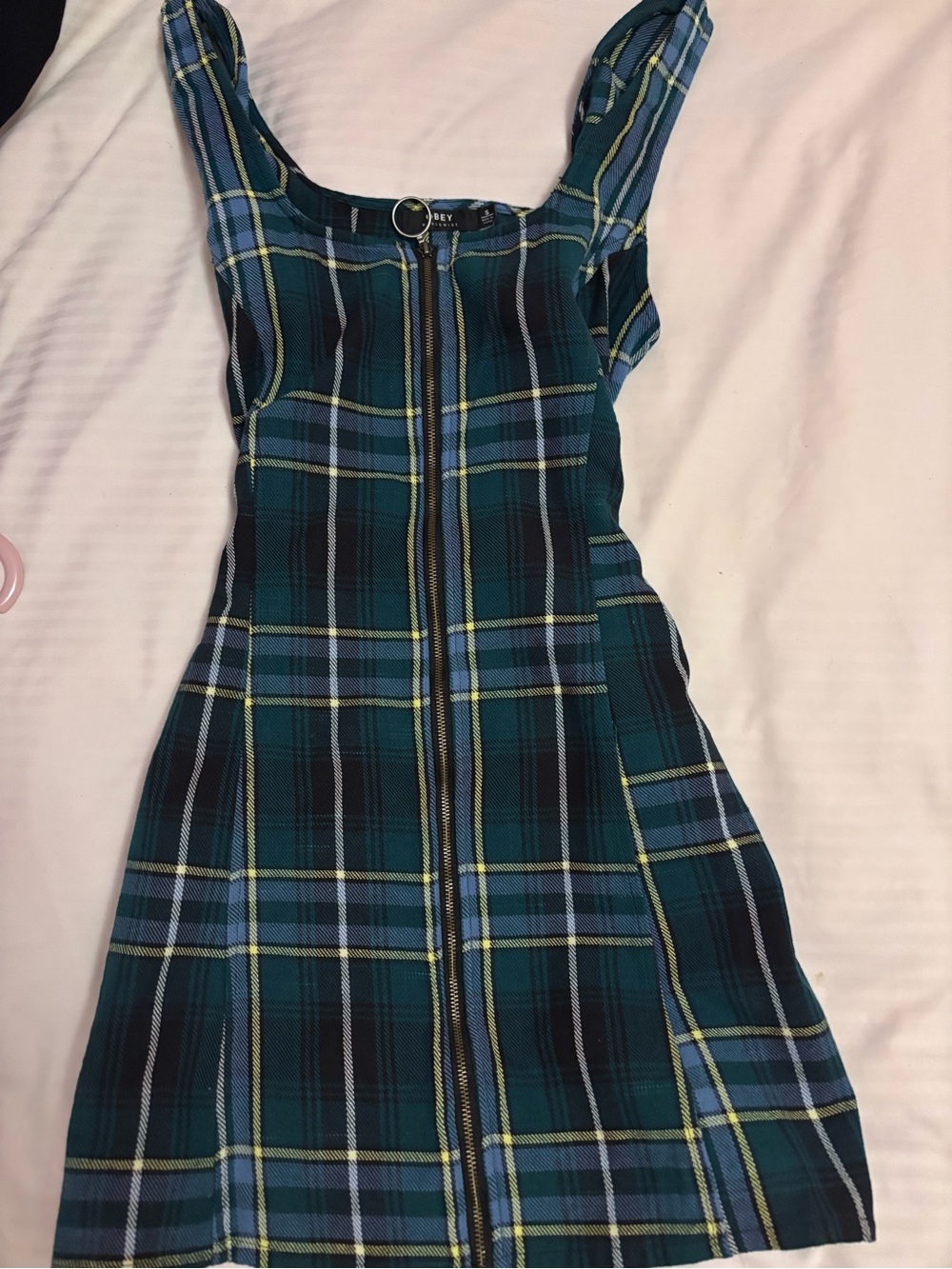 Obey Teal and Black Plaid Mini Dress with Front Zip